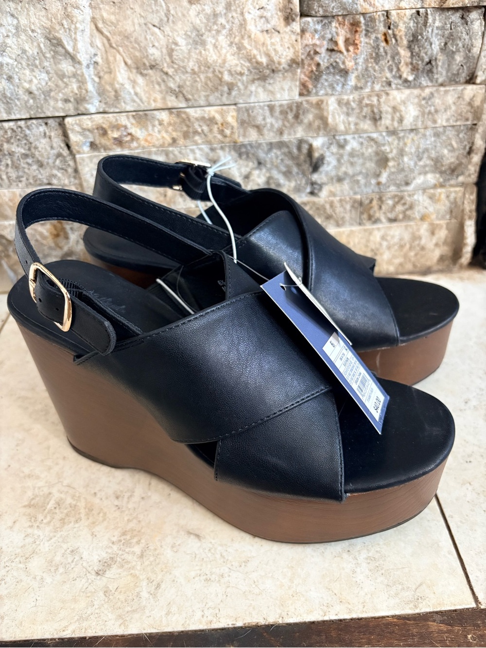 Black Leather-Look Platform Wedge Sandals with Slingback